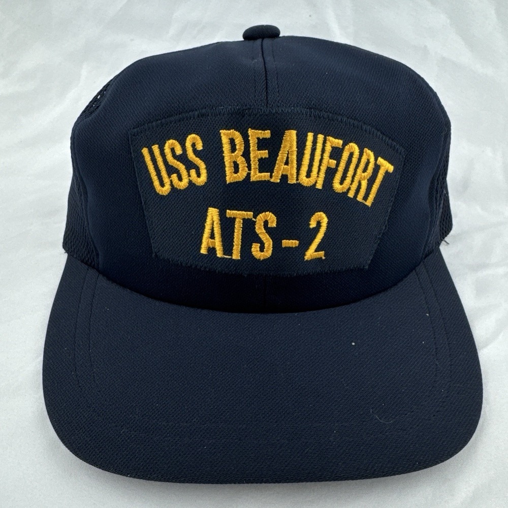 Vintage 70s 80s USS Beaufort ATS-2 Navy Zip Back Mesh Trucker Hat Military